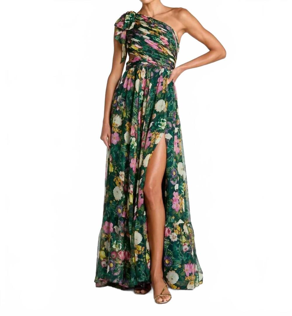 NEW MAC DUGGAL one shoulder chiffon overlay gown in deep green floral